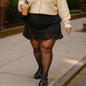 Vintage Y2K Morbid Threads Black Mini Skirt with Yellow Stitching – Size XL